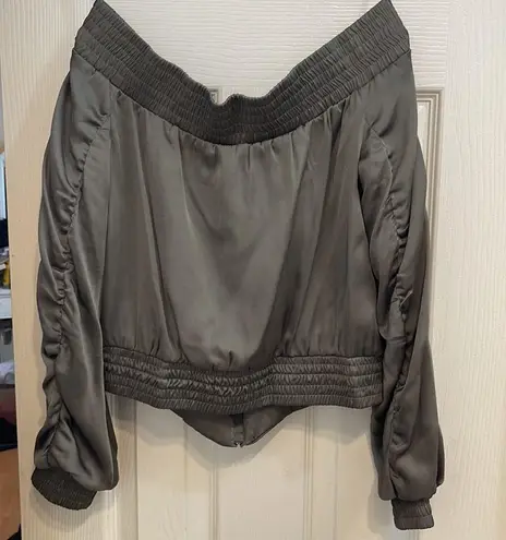 *NEW* BCBG MAXAZRIA off the shoulder olive green cropped bomber jacket