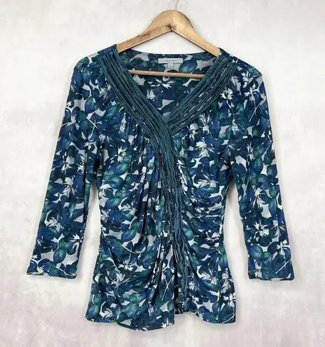 Classiques Entier Womens Silk Top Large Ruched Teal Stretchy Floral Fairy Dainty - Image 1