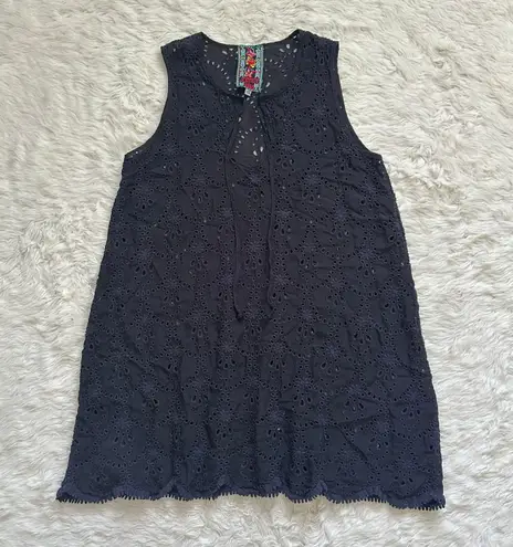 Johnny Was Top Eyelet Sleeveless Tunic Sheer See-Through Scalloped Hem Black XS