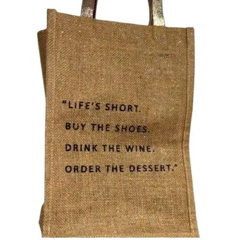 Wine woven Tote with Inspirational Quote holds 4 bottles shimmery jute bag Brown