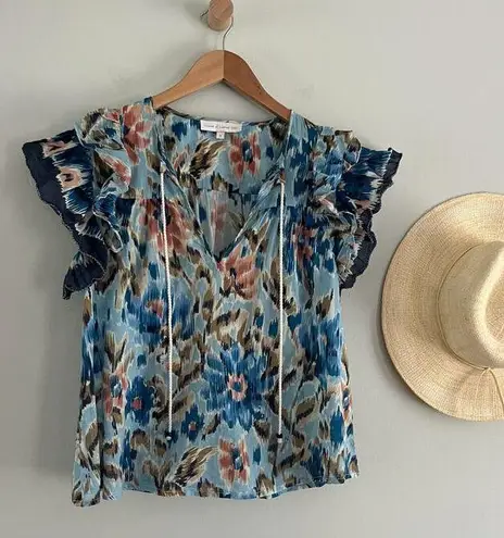 House of Harlow 1960 | Boho Ruffle Abstract Floral Top | Zoe Blue | Sz S