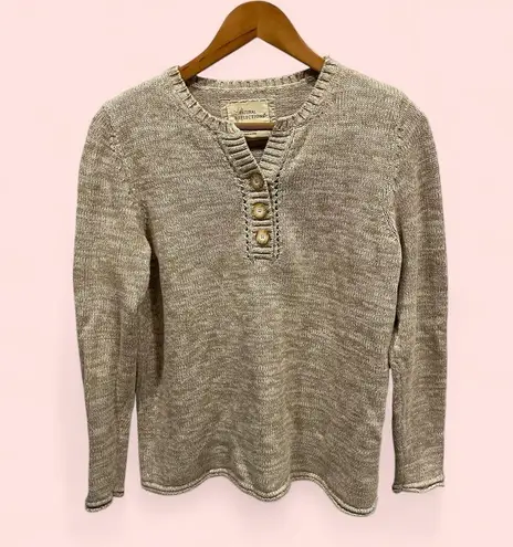 Natural Reflections Cute tan camel white marked henley chunky button sweater roll hem