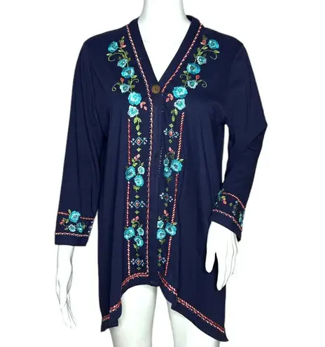 Coldwater Creek Sweater Women Small Navy Blue Embroider Floral Cardigan Bohemian