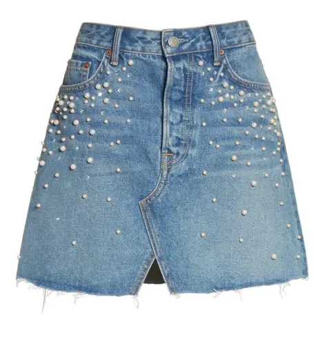 Milla Embellished Crystal & Pearls Raw Hem Frayed Mini Denim Skirt Jean Skirt in Solstice Blue Size M