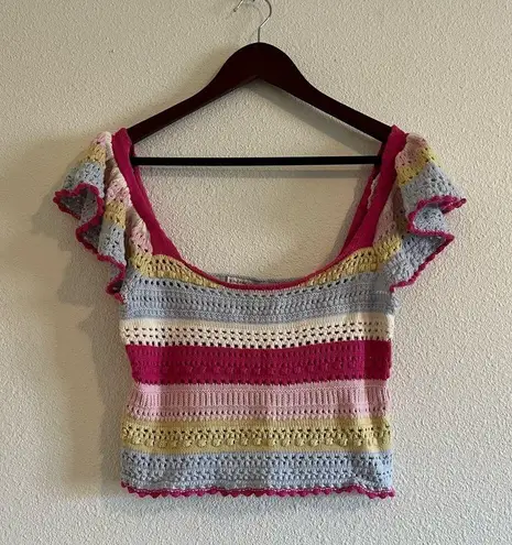 Sincerely Jules Boho Rainbow Stripe Crochet Flutter Sleeve Crop Top Size Small