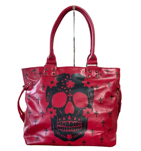 Banned Apparel Large Skull Tote Bag Purse Red With Black Details Goth