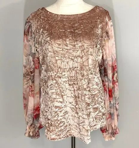 Anthropologie Meadow Rue  Loose Fit Blush Pink Crushed Velvet Floral Sleeve Top M