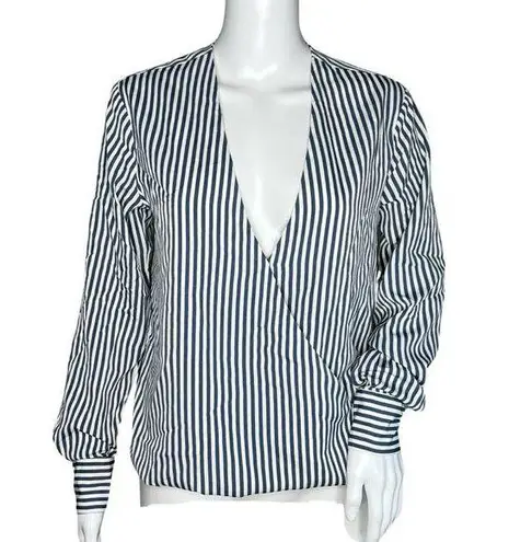 Bishop and Young  Shirt Womens Small Blue White Stripe Surplice Neck Work Casual