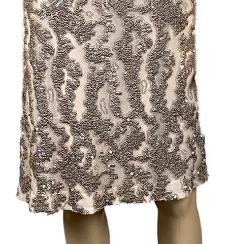 Sue Wong  Champagne sequined square neck sheath dress with stretch. Size 6. EUC