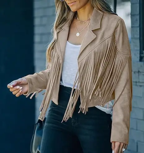 NWT Cropped Soft Faux Western Fringe Suede Open Style Lined Jacket Coat M Cream Size M