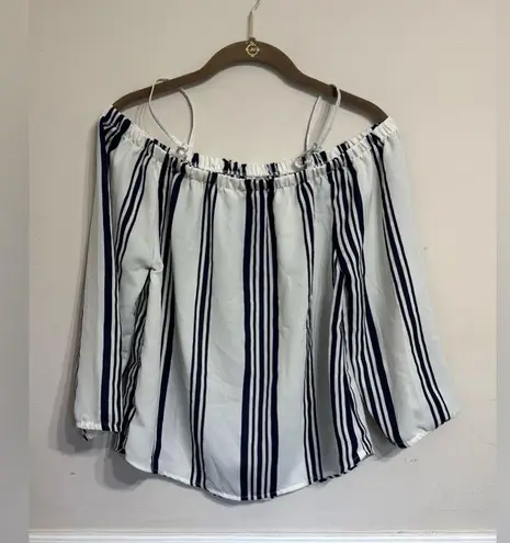 Hint of Blush | Navy & White Striped Off the Shoulder Sheer Blouse | Medium