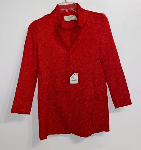 ZARA NWT  Red Jacquard Herringbone Long Buttoned Coat XS 2694/581 thumbnail 2