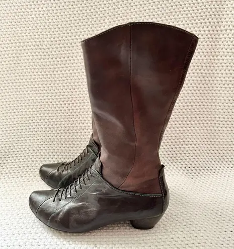 Think! Brown Leather Faux Lace Up Victorian Western Mid Calf Zip Up Boots 37.5 Size 6.5