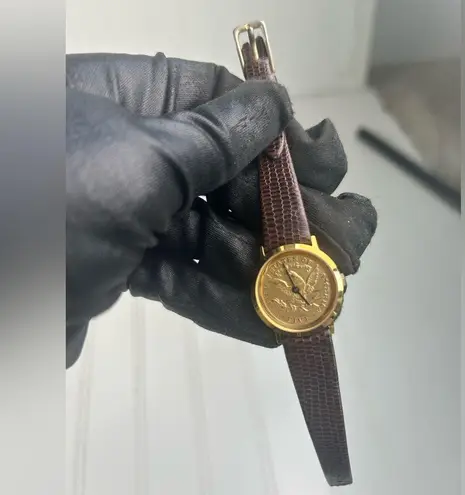 Vintage Gold U.S.A Coin Quartz Watch with Brown Leather Strap