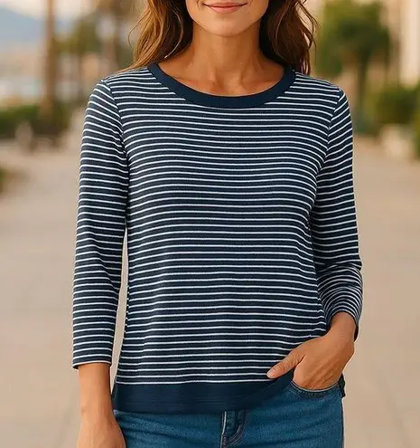 J.Jill Perfect Pima Womens Striped Long Sleeve Tunic XS 100% Pima Cotton Top Blue