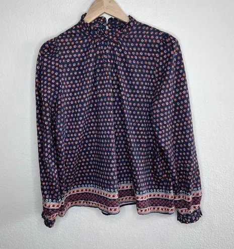 Trovata Bird Of Paradis Blue & Pink Floral Print Long Sleeve Silk Blouse Size M Size M