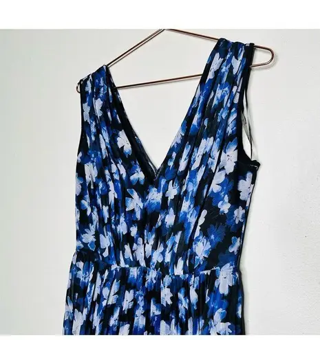 Monique Lhuillier ML Blue Black Melanie V-Neck Maxi Chiffon Dress size 6