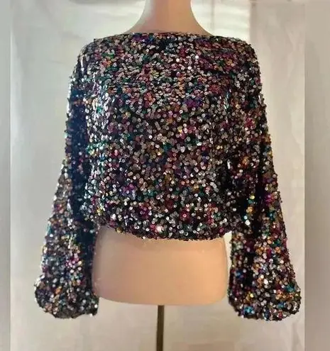 NWOT Multicolored Sequin Plunge Balloon Sleeve Top Pink Size L