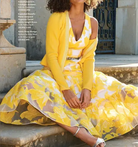 Boston Proper Yellow Floral Midi Dress Size 12 Metallic Jacquard Tiered V-Neck