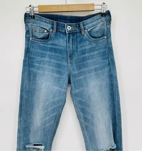 & Denim by H&M Slim Regular Waist Jeans Women 28 Medium Wash Denim Ripped Knees Blue