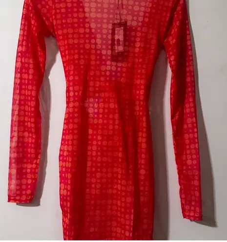 EGO LONG SLEEVE KNOTTED CUT OUT DETAIL MINI BODYCON DRESS IN PINK SPOTTY MESH