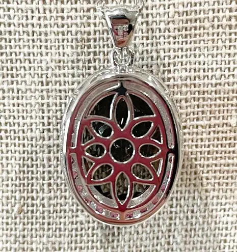 JTV Smoky Quartz and Red Gemstone Halo Pendant Necklace Silver Tone