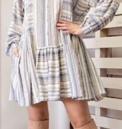 easel  Long Sleeve Linen Blend Purple White Button Up Tunic Dress Boho Beach - Image 16