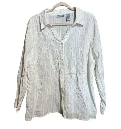Liz & Me for Catherines Top 2X 22 24W Ivory Button Up Floral Embroidered Blouse