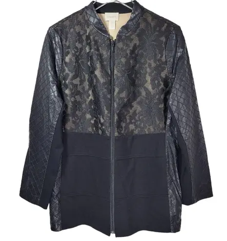 Chico's Chico’s Faux-Leather Lace Pieced Jacket in Black/Cream