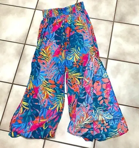Kona Sol  Palazzo smocked waist beach pants woman size SMALL slit on side floral
