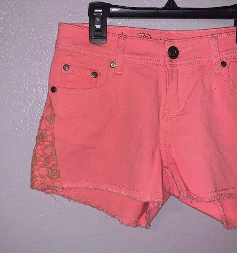 Montana Jeans Western Neon coral floral lace detail fringe Jean shorts