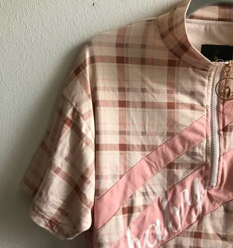 Baby Phat Cropped Top Pink Plaid Half Zip Short Sleeves Logo Sz L GUC