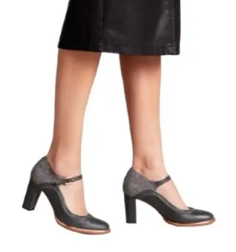 Clarks  Ellis Mae Dark Grey Leather & Felt Block Heel Mary Jane Pumps