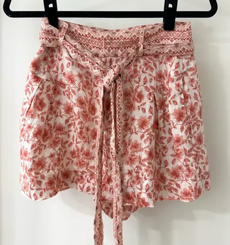 Intermix Floral High Waist Linen Shorts, Red and Cream, Size 2