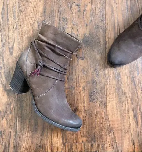 Tamaris • Lizudi ankle boots brown leather booties heeled fleece lined tassel Size 7.5