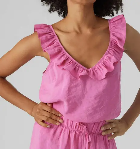 VERO MODA New Ruffle Trim V-Neck Tank Top Queeny Phlox Pink Size XS