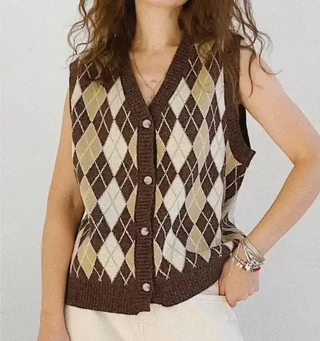 Oil Rice Brown Argyle Button Front Sweater Vest Size L