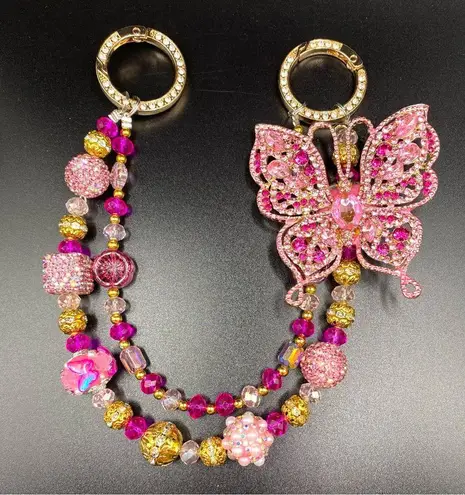 Handmade đź©·Luxury Bag/Phone Chain Charm/Keychain Pink Rhinestone Butterfly Crystal Beads