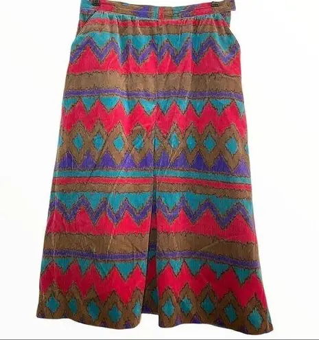 Vintage 80s Pykettes Skirt Corduroy 100% Cotton Aztec South Western 8 Medium Brown Size 12