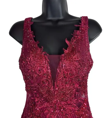 PORTIA AND SCARLETT Red Glitter Feather Gown Dress with Train PS21228 Size Size 0