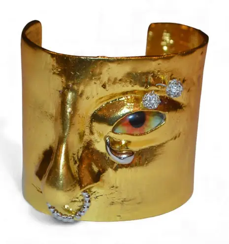 Luxury Gold Sculptural Face Cuff Bracelet – Artisan Surrealist Statement Piece