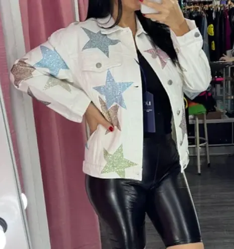 All The Stars Rhinestone Denim Jacket in White size M Size M
