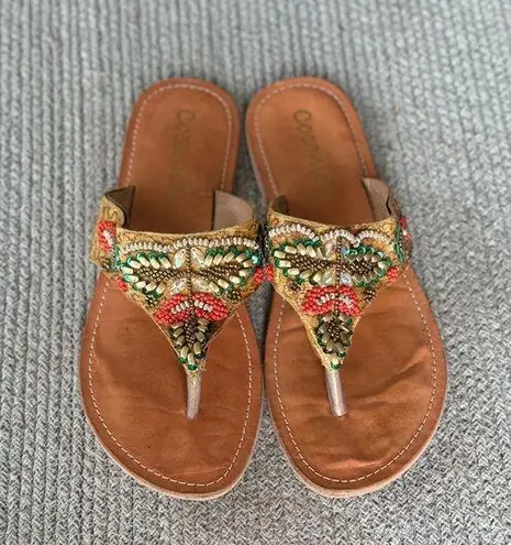 Vintage Coconuts Beaded Leather Flip Flops Sandals Size 9 Tan