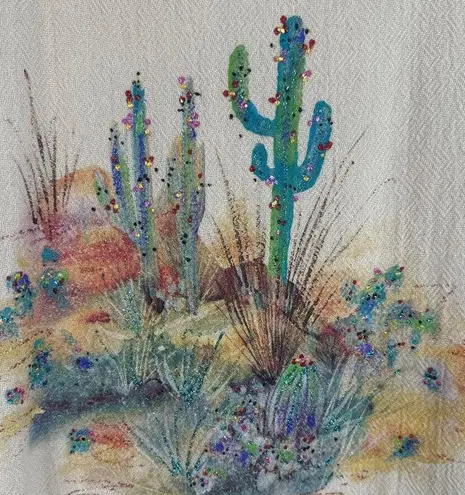 Allie Womens Small Artsy Gauzy Maxi Dress Desert Cactus Art to Wear Painting