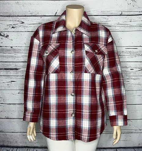 No Comment NWT Size XL Burgundy & Blue Plaid Flannel Shacket - Shirt Jacket