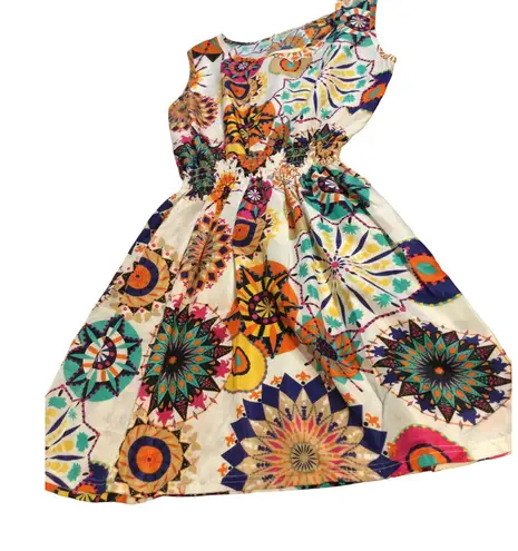 Topshineworld Womens Bohemian Mandala Print Smocked Waist Flare Dress XL White