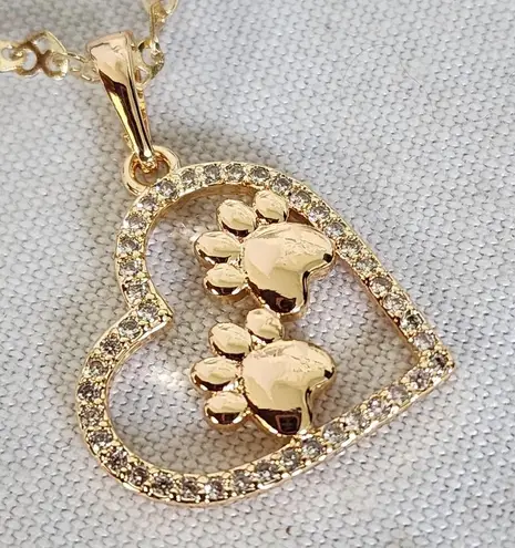 Gold Filled Heart Link Chain Necklace with Paw Print Heart Charm Pendant