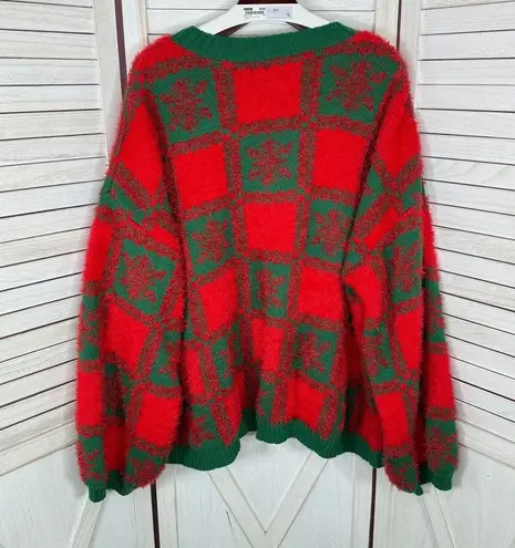 Holiday Time  Fancy Dog Checkerboard Fuzzy Ugly Christmas Sweater Red 3X Oversize