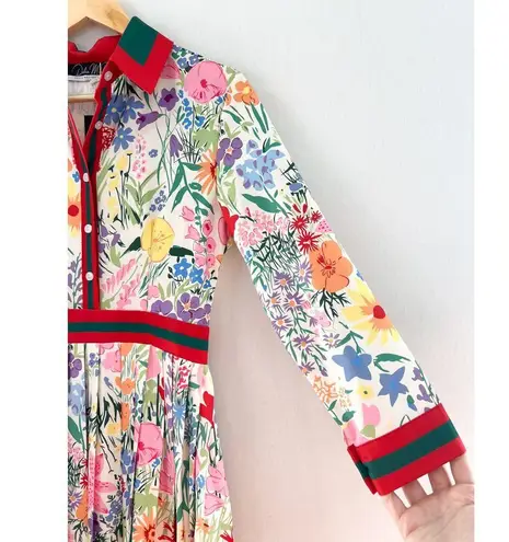 NEW Dalia Macphee Floral Pleated Fit Flare Midi 50s Dress Small Retro Rockabilly Red