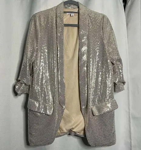 C by One Silver Sequined 3/4 Sleeve Long Line Blazer XS